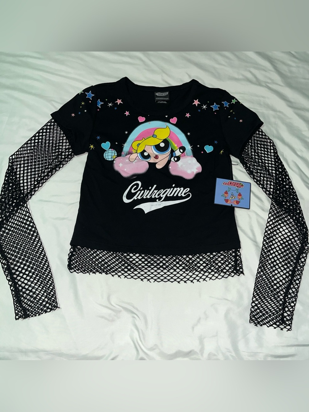 Civil Regime x The Powerpuff Girls Bubbles graphic mesh Sleeve Womens Medium NWT